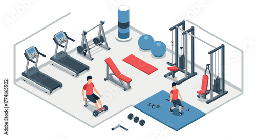 Modern indoor gym with equipment in isometric style for fitness and exercise enthusiasts