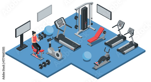 Modern gym equipment in isometric style for fitness and exercise enthusiasts