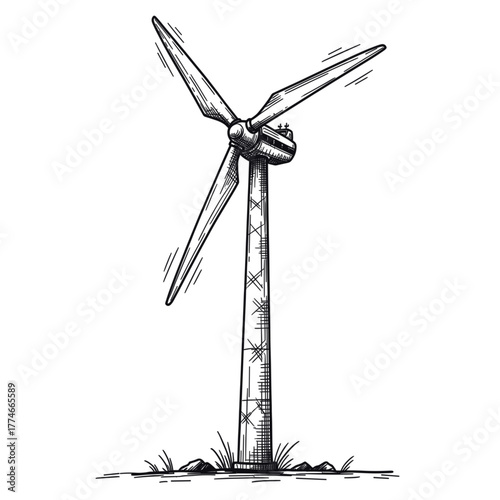 Sketch vector illustration of a wind turbine symbolizing renewable energy and eco sustainability. Isolated on a transparent background