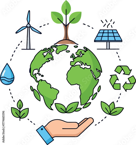 Vector illustration of hand holding earth with renewable energy sources