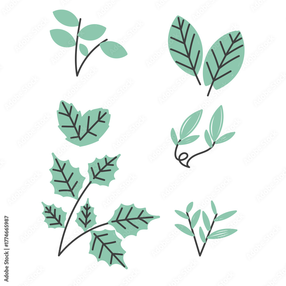 Fototapeta premium leaf and plant illustration collection set in doodle hand drawn style 