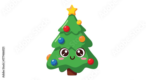A cute kawaii Christmas tree character with a smiling face, rosy cheeks, and colorful ornaments, topped with a yellow star.