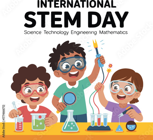 Excited diverse children engaged in fun science experiments celebrating international stem day