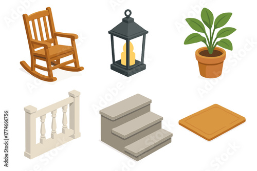 Classic Porch Icons. Classic porch flat icons: rocking chair, lantern, potted plant, railing, steps, doormat.
