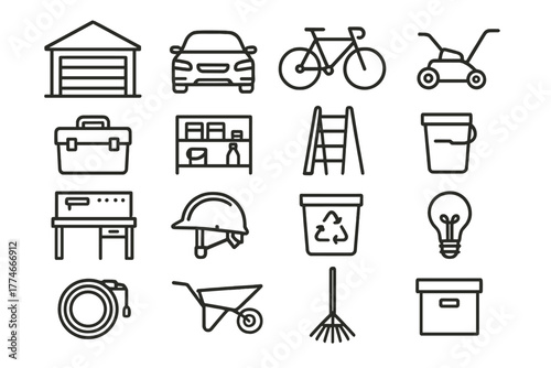 Organized Garage Icons. Home Garage outline icons: garage door, car, bicycle, lawnmower, toolbox, shelf, ladder, paint can, workbench, helmet, recycling bin, light bulb, hose,