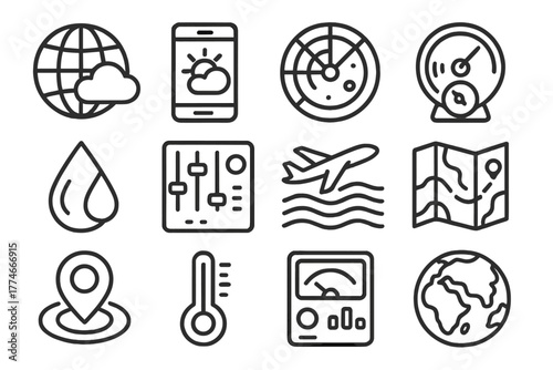 Weather and Aviation Icons. Atmosphere UI outline icons: globe with cloud icon, mobile weather app, radar screen, wind speed gauge, humidity icon, climate control panel, airplane