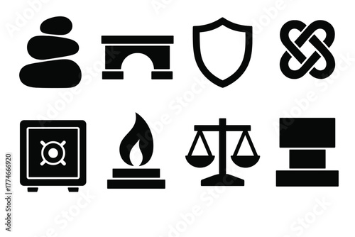Brutalist Stability Icons. Stability silhouette set: stacked stones, bridge, shield, knot, safe box, steady flame, balanced weights, foundation block.