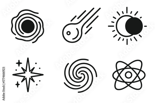 Cosmic Icons Displayed. Cosmic anomaly outline icons: black hole, comet, eclipse, galaxy swirl, starburst, orbit.