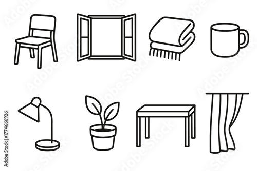 Minimal Living Icons. Minimal Living outline icons: empty chair, open window, folded blanket, clean cup, simple lamp, plant pot, uncluttered desk, flowing curtain.