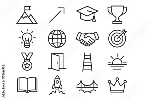 Aspirational Icons. Aspirational Dreams outline icons: mountain flag, upward arrow, graduation cap, trophy, lightbulb, globe, handshake, target, medal, open door, ladder, rising