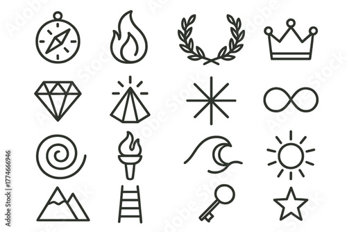 Symbolic Icon Array. Symbolic Wanderer outline icons: compass, flame, laurel wreath, crown, diamond, prism, radiant spark, infinity loop, spiral, torch flame, wave, sun, star,