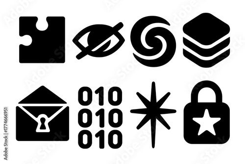 Brutalist Icon Set. Creative Access Code silhouette set: puzzle piece, hidden eye, abstract swirl, layered shapes, secret envelope, binary code, magic symbol, lock with star.