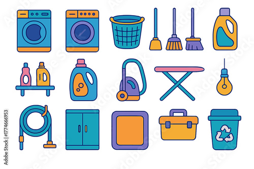 Modern Utility Room Icons. Utility Room flat icons: washing machine, dryer, laundry basket, mop, broom, bucket, shelf, detergent bottle, vacuum cleaner, ironing board, light bulb,