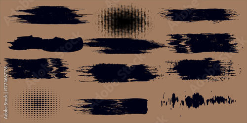 Set of vector paint brush stroke, ink splatter and artistic design elements. Dirty watercolor texture, box, frame, grunge background, splash or creative shape for social media. Abstract drawing.