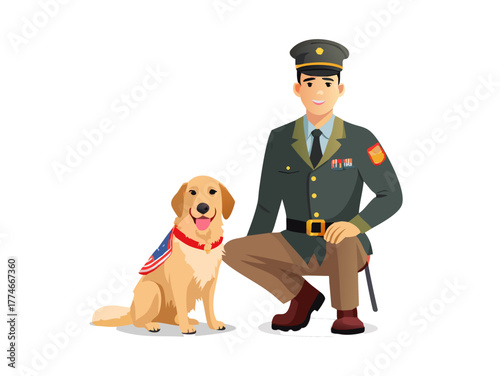 Handsome Military Veteran in Uniform with his Golden Retriever Dog

