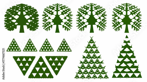 Enchanting green fractal trees and geometric shapes, perfect for nature themed designs and creative projects, originally a scalable graphic
