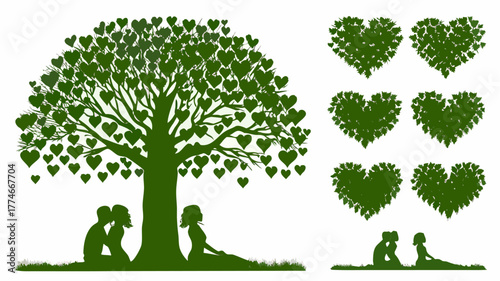 Enchanting heart tree with romantic couples, a symbol of love and nature's embrace, ideal for Valentine's Day designs and heartfelt illustrations