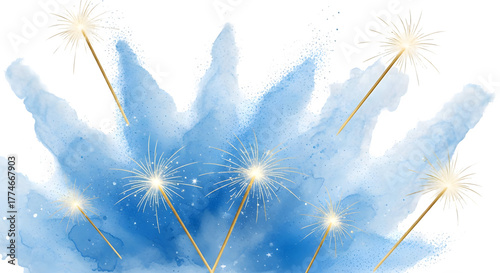 Sparklers against a blue watercolor background creating a festive and celebratory atmosphere