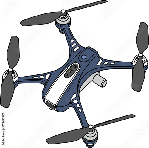 Modern aerial fly drone, dual cameras for photo and video, grey color, WIFI flight, parking, isometric vector.