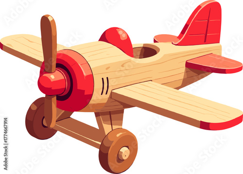 A charming cartoon illustration of a wooden toy airplane with red wings and classic details, ideal for children’s themes, nostalgic designs, playroom artwork, toy concepts, early learning graphics