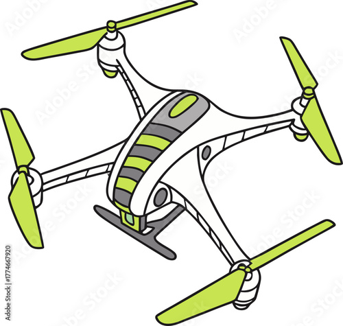 Aerial drone with colorful cameras, photo and video capabilities, grey color, WIFI flight, parking feature, isometric vector.