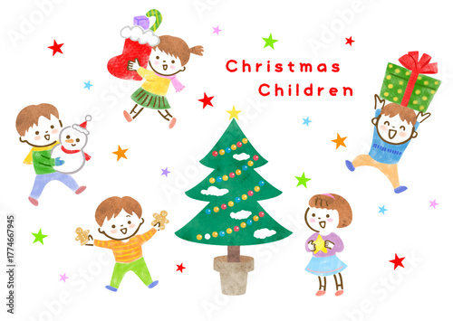 クリスマスを楽しむ子供たちの手描きイラスト