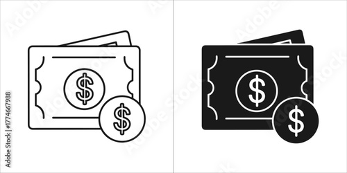 Money icon with dollar bills and coins, outline and solid version