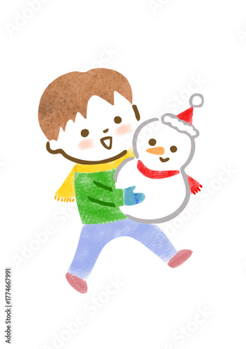 サンタ風の雪だるまを持った男の子の手描きイラスト