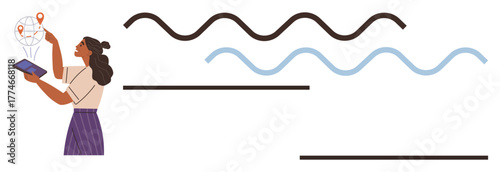 Woman interacts with tablet showing map pins and wavy lines symbolizing navigation, connectivity, and information flow. Ideal for travel, technology, discovery, direction, exploration, communication