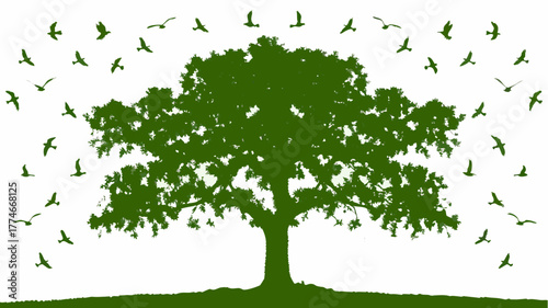 Lush green tree with birds flying around it in seamless design, perfect for nature lovers, adding a touch of tranquility and freedom to any project