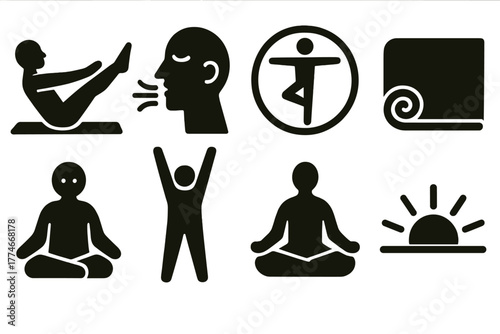 Brutalist Yoga Icons. Yoga Core Work silhouette set: boat pose, breathing symbol, balance circle, yoga mat, calm figure, stretching arms, meditation icon, sunrise energy