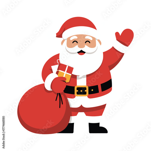Santa Claus waves hello while carrying a sack of presents and a gift box.