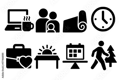 Balanced Life Icons. Work Life Balance silhouette set: laptop and coffee cup, family silhouette, yoga mat, clock, briefcase and heart, sunrise over desk, balanced calendar, nature