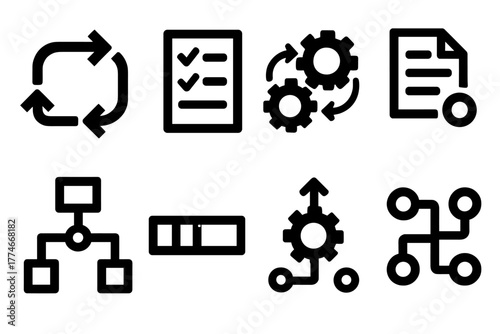 Bold Workflow Icons. Workflow silhouette set: process arrows, checklist, gear rotation, document path, flowchart nodes, progress bar, automation icon, connection lines