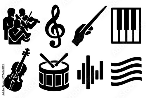 Brutalist Music Icons. Music Ensemble silhouette set: group of musicians, treble clef, conductor baton, piano keys, violin, drum, sound wave, harmony lines