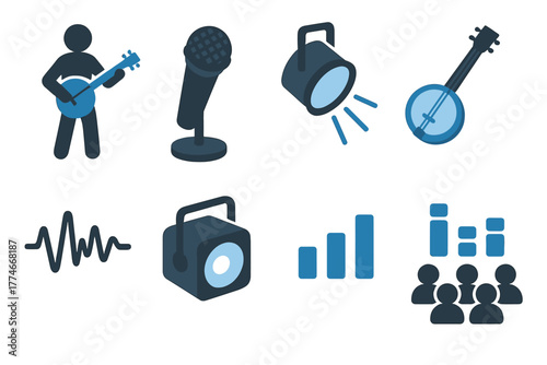 Stage Banjo Icon Set. Stage Banjo flat icons: performer silhouette, microphone, spotlight, banjo, rhythm wave, stage light, sound bars, audience