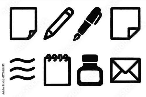 Brutalist Note Icons. Handwritten Note silhouette set: paper sheet, pencil, pen, sticky note, handwriting lines, notepad, ink bottle, envelope