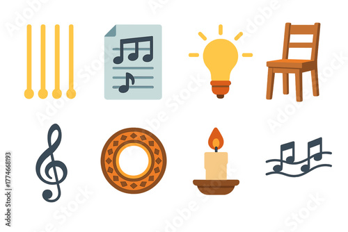 Vibrant Guitar Icons. Classical Guitar set icons in flat icons: nylon strings, sheet music, warm light, wooden chair, treble clef, rosette detail, candle, melody curve