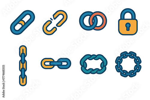 Chain Link Icons. Chain link basics flat icons: single chain link, broken chain, linked rings, padlock on chain, vertical chain, horizontal chain, heavy chain, circular chain.