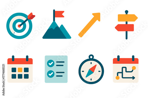 Goal-Oriented Icons. Goal-Oriented Intent flat icons: target bullseye, flag on summit, rising arrow, dartboard, pathway sign, calendar plan, checklist, compass.