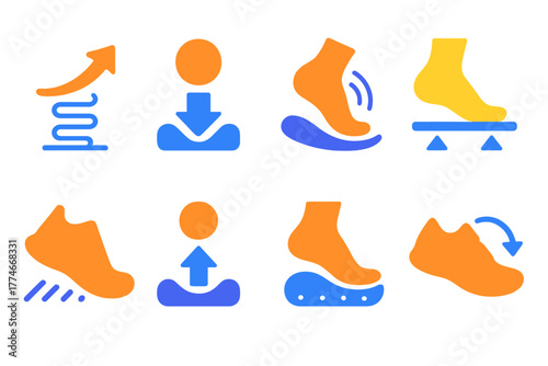 Performance Icon Set. Responsive performance features set icons in flat icons: energy return, shock absorb, flexibility, stability, grip, rebound, comfort, motion control.