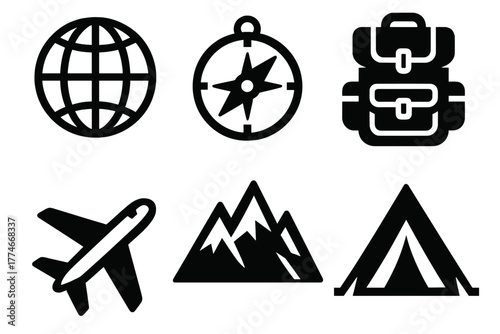 Adventure Icon Set. Adventure desire silhouette set: globe, compass, backpack, airplane, mountain, tent.