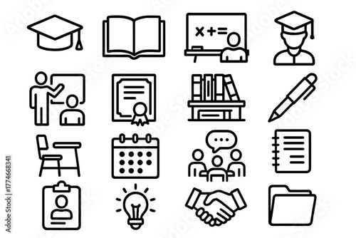 Education Iconography. Educational Mentorship outline icons: graduation cap, open book, chalkboard, student profile, teacher figure, certificate, library, pen, school desk,