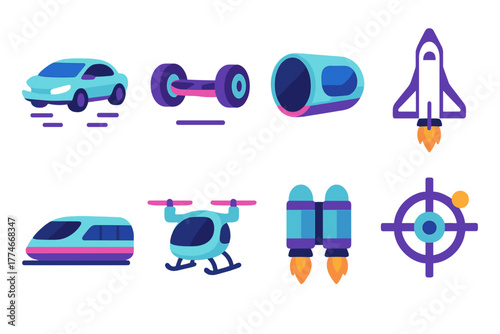Futuristic Transport Icons. Futuristic transport set icons in flat icons: flying car, hoverboard, hyperloop pod, space shuttle, magnetic train, drone taxi, jetpack, orbital station