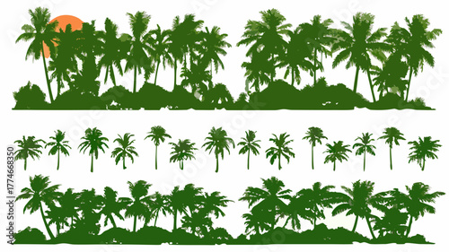 Tropical paradise seamless pattern featuring lush coconut palm trees, perfect for evoking vacation vibes and island escapes, originally scalable vector graphics