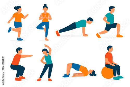 Minimalist Exercise Icons. Balance exercises set icons in flat icons: single-leg stand, tree pose, plank, lunge, squat hold, side stretch, bridge, stability ball sit.