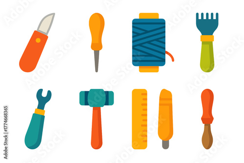 Leather Craftsmanship Tools. Leather craftsmanship tools set icons in flat icons: cutting knife, stitching awl, thread spool, punch, edge beveler, mallet, ruler, burnishing tool.