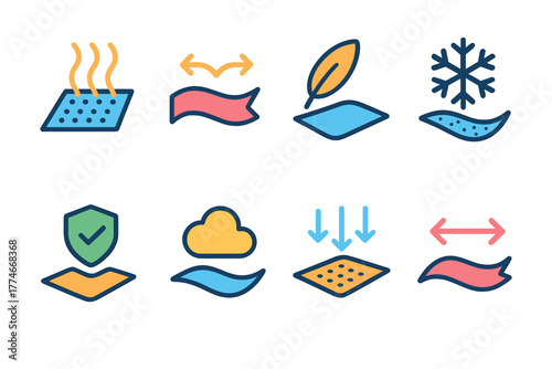 Performance Icons Set. Mesh performance icons set icons in flat icons: breathability, flexibility, lightweight, cooling, durability, comfort, ventilation, stretch.