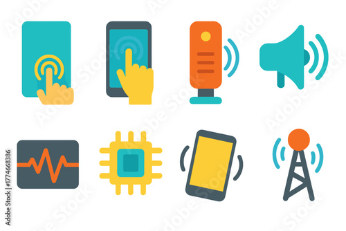 Leather and Tech Icons. Leather texture samples set icons in flat icons: smooth leather, pebbled leather, embossed leather, matte finish, glossy finish, cracked leather, aged