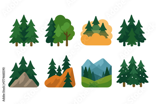 Mountain Canopy Icons. Set icons in flat icons Mountain canopy set: conifer treetop, mixed pine canopy, fog-covered treetops, alpine forest crown, rocky slope canopy, sparse pine